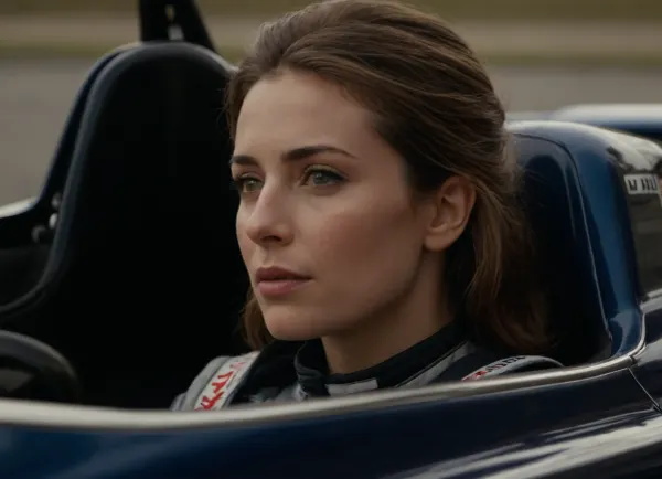 (hyperréaliste:1.6), beautiful 30-years old woman, f1 pilot, in a f1 car, full car view, side view