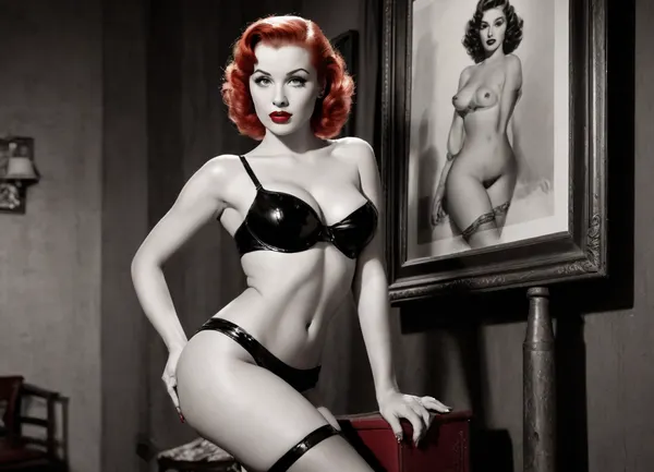 Back view, large text on poster, (((old 1950s American porn movie poster pin-up))), (((Black and white pin-up. 1950s movie poster))), (((wet milk body))), full red lips, dork, photography, photorealism, a beautiful police woman, tall, beautiful perfect figure, redhead, red hair, some bare breasts, huge tits, pink nipples, knee-high boots, stockings, perfect tall legs, charming eyes, sad but funny face, dark background, fantasy art capturing the style of Aaron Horkey, Jeremy Mann, and Luis Royo, body-centric composition from a low angle, seductive figure, dark fantasy, dynamic composition, 1950s black and white photo, red lipstick, warm tones, shows acrylic calligraphy, watercolor techniques seamlessly integrated into a maximalist masterpiece, detailed with gouache fluidity, golden hour light, hyperrealism, hyperrealistic, hyperdetailed, 64k, ultraHDR, movie, poster, page