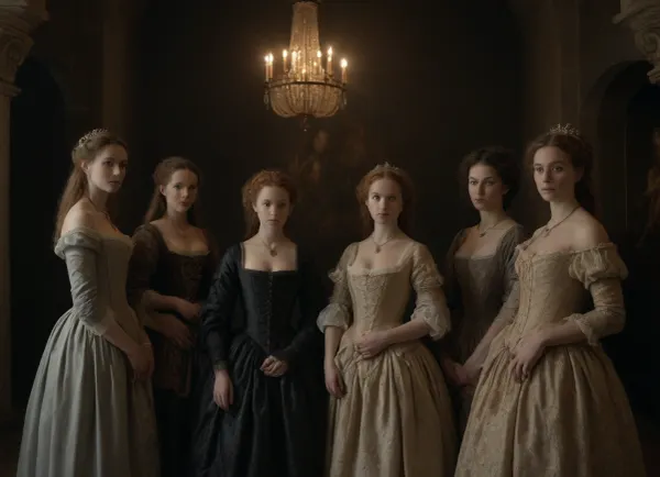 (hyperréaliste:1.6), (renaissance, Rembrandt-like atmosphere), group of beautiful ladies 50-years old, Flemish lace garment, flange, cleavage, halberdier behind them, castle, full body view