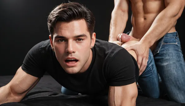 close-up, macro photo, medium view, black room, black background, fit man, manly face, on all fours, best quality, afterglow, 4k, ((masterpiece)), extremely detailed, 8k, Intricate, High Detail, Sharp focus, (black tunic top, jeans), the eyes are smiling, (short black hair, straight hair, brown eyes), fit white man with huge 19 inch dick, buttjob, after sex, excessive cum dripping from penis.