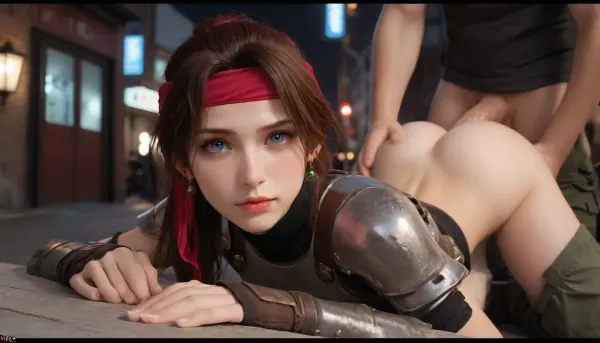 (Masterpice), (HD4K visual), (detailed background), 4K ultra-detailed image, HDR, enhancement, professional photography, precise anatomy, (perfect symmetry, 5 fingers per hand), realistic textures, maximum resolution, sharp focus, NSFW, picture, Jessie Rasberry from Final Fantasy VII with brown hair in a ponytail, a red headband, athletic body, chest armor from the game Final Fantasy VII, green baggy combat pants, metal boots, happy expression, looking back at viewer, bare ass visible, on hands and knees, face down, ass up, back arched, doggystyle, man out of view, gigantic thick vainy penis, anal sex, asshole penetration, balls deep, in a alleyway, at night, neon shop signs lighting, close up, side view, incase, style, ratatatat74, ff7, jessie, facial, expression, <lora:287175_training_data:1.4>, <lora:ratatatat74-000050:1.4>, <lora:ff7 jessie:1.4>, <lora:Expressions XL:1.4>