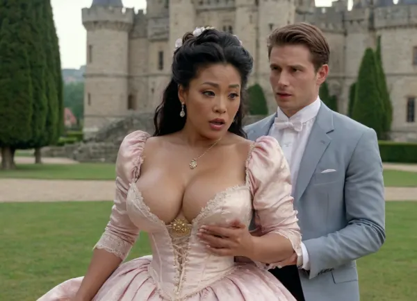 A black Asian, very mature woman, ((proud woman)), with almond-shaped eyes from the Rococo period wears a dress that exposes her huge breasts, her breasts are visible, her nipples are visible, in the castle park in front of a young white man who has taken out his penis and is sucking on her nipples. Full of passion. Doggy style.