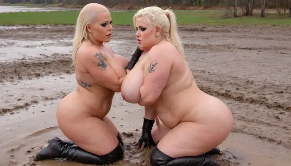 two chubby bald-headed tattooed naked women wrestling, ((full frontal nude)), leather vest, kneeling in the mud, muscle_bimbo, legendary, tits, xl, <lora:PostApocalyptic_Chernobyl_v3:.1>, <lora:Muscle_Bimbo_SDXL:2>, <lora:Legendary Tits XL:1.2>