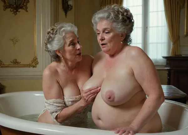 A old french woman from the Rococo period wears a dress that exposes her enormous saggy breasts, her breasts are visible, her nipples are visible, she stands in a bathtub in front of a young white man who has taken out his penis and is sucking on her nipples.
