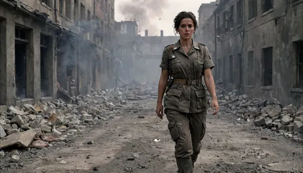 bndofbrthrs, beautiful army nurse, from front, walking towards viewer, rubble background, smoke, atmospheric, photorealistic, <lora:bndofbrthrs:2>, <lora:MJ52:2>, <lora:add-detail-xl:2>, <lora:Picture_enhancer:.8>