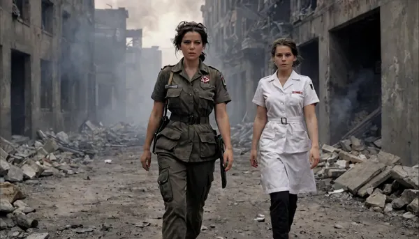 bndofbrthrs, beautiful army nurse, from front, walking towards viewer, rubble background, smoke, atmospheric, photorealistic, <lora:bndofbrthrs:2>, <lora:MJ52:2>, <lora:add-detail-xl:2>, <lora:Picture_enhancer:.8>