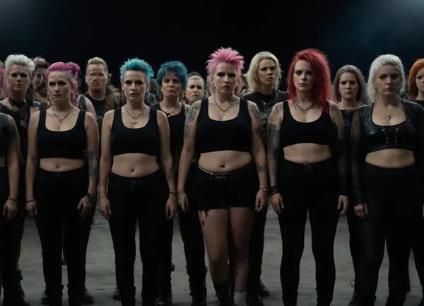 ultrarealistic, 8K HD, group of detailed women 50-years old, punk festival, full body view