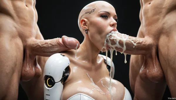 close-up, masterpiece, sexy robot doll, android, sexbot, bald robot cyberpunk, shiny chrome parts, cybernetic body, whide hips, ((massive ass:1.1)), ((massive breasts:.9)), thin waist, dark eyes, vacant look, medium view, eyes open, thick, wide hips, black room, (huge breasts:1), (massive ass:1), (wide_hips), deepthroating a massive cock of a white male massive cock, male in front of female, extreme deep throat, cumshot in her mouth, excessive cum dripping from mouth, gigantic thick 16 inch penis, huge erection. squeezing his testicles, black background., surrounded by dicks, masturbating, 3+men, <lora:Allisfulloflove1024:1.4>