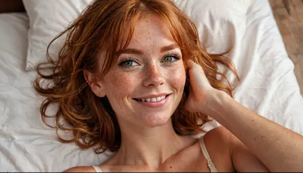 milf lying on her back on a bed, 35yo, (totally naked), relaxed, slender hands in hair, smiling at viewer, arched back, ((very flat glutes)), (flat bottom), big quads, ((ginger hair)), thick silky hair and bangs, a wide slutty smile, chin up, straight nose, (enormous green eyes), ((perfect big square teeth)), ((perfect hands)), side view, (milf:1), (smiling:1.3), big arms, ((large perky natural breasts)), very tanned, tanlines, very hairy ginger pussy, Sharp focus, nikon 7500, 35mm, 8k uhd, seen from above, full body view, but, longnips, freckles, luisap, birth, mark, <lora:MJ52:2>, <lora:add-detail-xl:2>, <lora:BUT_SDXL_SHS:.3>, <lora:longnipsxl:.8>, <lora:LPFRECKLES_lora:.8>