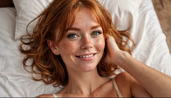 milf lying on her back on a bed, 35yo, (totally naked), relaxed, slender hands in hair, smiling at viewer, arched back, ((very flat glutes)), (flat bottom), big quads, ((ginger hair)), thick silky hair and bangs, a wide slutty smile, chin up, straight nose, (enormous green eyes), ((perfect big square teeth)), ((perfect hands)), side view, (milf:1), (smiling:1.3), big arms, ((large perky natural breasts)), very tanned, tanlines, very hairy ginger pussy, Sharp focus, nikon 7500, 35mm, 8k uhd, seen from above, full body view, but, longnips, freckles, luisap, birth, mark, <lora:MJ52:2>, <lora:add-detail-xl:2>, <lora:BUT_SDXL_SHS:.3>, <lora:longnipsxl:.8>, <lora:LPFRECKLES_lora:.8>