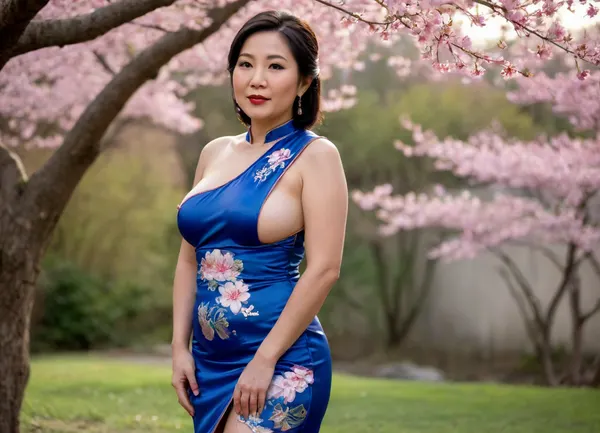 Large Filipino busty mature woman, (55 years old), thick large round breasts, dressed in a blue qipao with embroidery, one breast flashing out, black old skin, mature skin, wrinkles, Filipino woman with colossally beautiful large milky breasts, standing in nature, (((lotus blossoms))), ((((Japanese cherry blossoms))), and waving at me, her extremely thick and wide hips are visible under the qipao, wide hips, perfect mature face, perfect shot, perfect lighting, thick hanging breasts, one breast exposed, one breast naked, nipple flash, shiny black hip-length hair, hair draped over her shoulder, she has shifted her pelvis to the side, her hand on her hip, sunbeams, bright sunlight, sexy ass, plump ass visible under the qipau, full view 3/4 from behind, long legs)