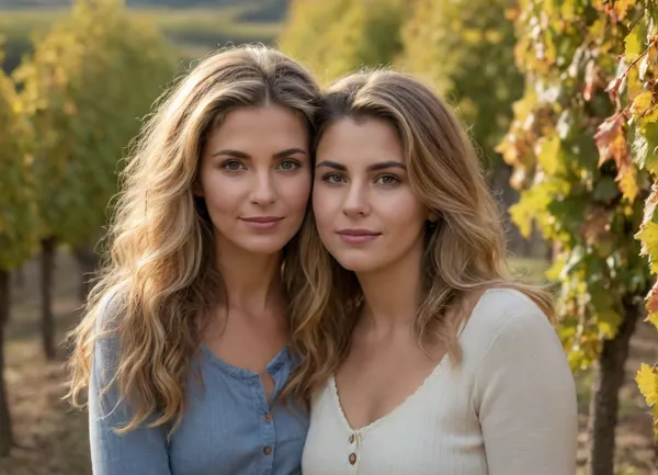 ultrarealistic, 8K HD, voluptuous 50-years old woman with her 20-years old daughter, detailed hair, detailed eyes, in a Alsatian vineyard, fall season, full body view