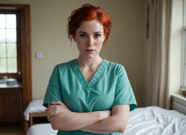 A nurse very strong big milf, short bright red hair, (very wet hair), chubby very powerful body, very big strong shoulders, Very strong wide forearms.A very strong very powerful broad-shouldered woman.
A closed green surgical uniform of a nurse with half-covered shoulders, a gray dirty bra is visible.
Very freckled.She very evil, looks at me very angrily, with a hateful look from under his brows and frowns.
super realistic