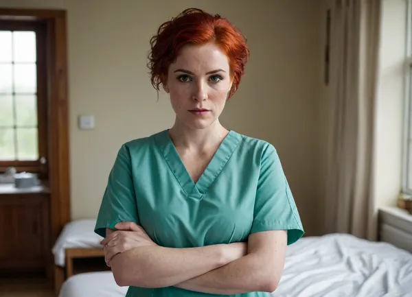 A nurse very strong big milf, short bright red hair, (very wet hair), chubby very powerful body, very big strong shoulders, Very strong wide forearms.A very strong very powerful broad-shouldered woman.
A closed green surgical uniform of a nurse with half-covered shoulders, a gray dirty bra is visible.
Very freckled.She very evil, looks at me very angrily, with a hateful look from under his brows and frowns.
super realistic