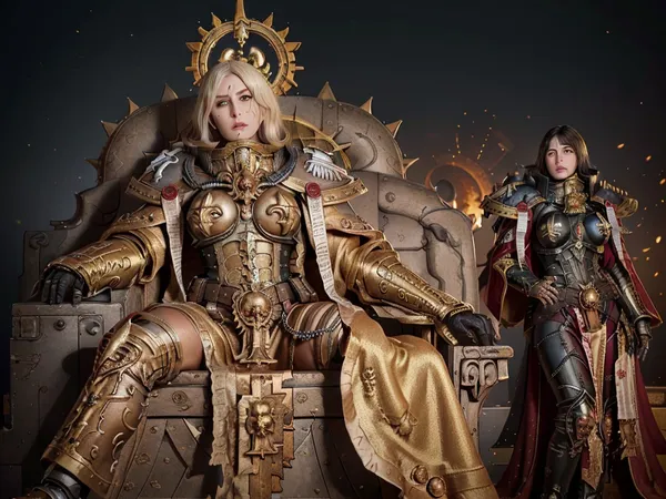 The photorealistic 8K wallpaper features a young woman in prayer with two adeptas sororitas, one wearing power armor and the other in elegant details. The photo is incredibly detailed, with intricate facial muscles and anatomical features that make