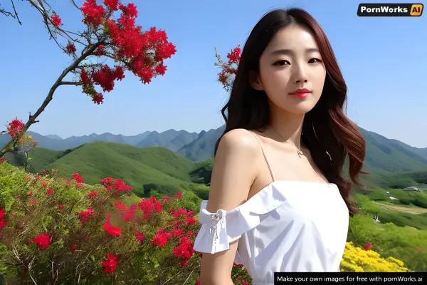 The woman with long, flowing hair and a red background was standing in front of a white wall. She held a camera and took pictures of herself. Suddenly, she noticed the AI text generator on her computer screen. She smiled and typed "Generate porn