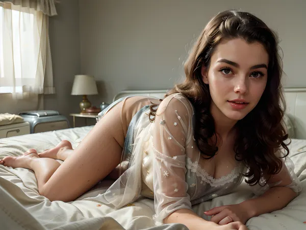 Una ama de casa de 50 años, con pelo largo y piel perfecta, estaba acostada en la cama con los ojos cerrados. Había pintado sus uñas un estilo vintage de Ad Americana y llevaba un traje retro 1950s