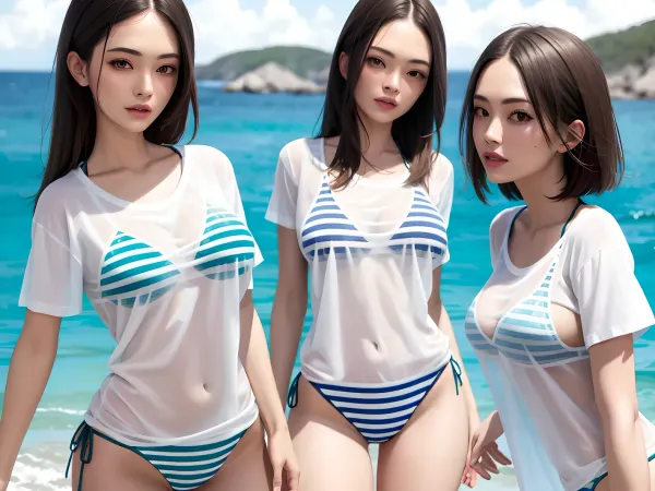 A menina no biquíni estava usando um biquíni listrado com uma t-shirt transparente, que mostrava seu corpo perfeitamente