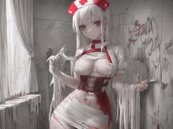 The young adult girl in the nurse costume stood in front of the abandoned room, her cold eyes scanning the walls. She was holding a syringe filled with a clear liquid, and her bandages were torn and stained with dirt. Her thin waist was