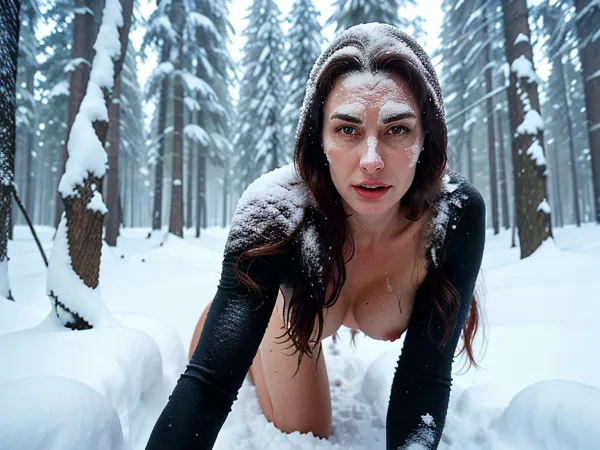 The girl shivered as she crawled through the snow-covered bushes, her naked skin covered in a thin layer of frost. She was exhausted from crawling through the dense thickets of coniferous trees, but she couldn't stop now. Her eyes