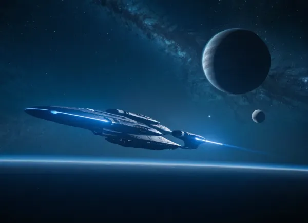 Duas naves espaciais, uma da Terra e outra de Marte, estão trancadas numa batalha feroz no espaço. Os dois navios estão equipados com feixes laser poderosos que usam para atacar uns aos outros. A batalha é intensa como ambos os navios manobram uns aos outros,