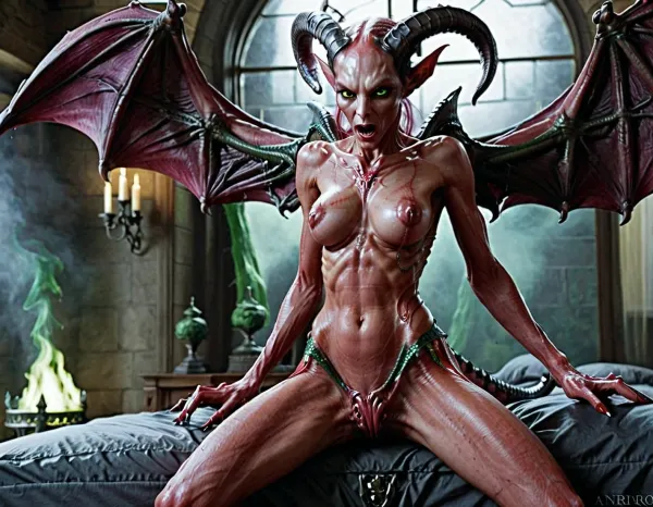 En un cuarto oscuro, un vampiro de goth hembra estaba acostado en su cama con los ojos cerrados. De repente, sintió un dolor agudo en el cuello y abrió los ojos para ver los ojos demoníacos del vampiro mirándola. El vampiro