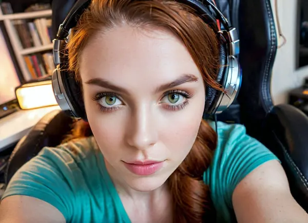 Die Frau auf dem Foto hat zarte Features, ein Pixie Gesicht, hohe Wangenknochen und einen schmalen Kiefer. Ihr Haar ist lang und wellig mit subtilen Highlights. Sie hat sich auf ihren Wangen niedergeschlagen und ihre Lippen sind leicht zu teilen. Sie ist