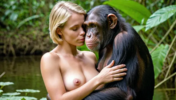 Una giovane ragazza caucasica con espressione addolorata, capelli biondi corti, nudi e lussureggianti capelli pubici si abbracciava faccia a faccia nella giungla africana. Erano entrambi completamente nudi e i loro corpi erano coperti da uno spesso strato di sudore