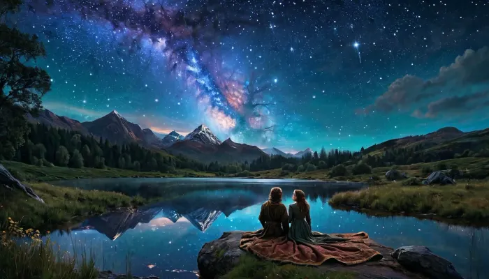 约翰内斯·沃斯对夜空的令人叹为观止的画作是一部杰作,以光现实主义的准确性捕捉每一个细节. 这对夫妇躺在毯子上,凝视着星星,互相迷惑. 这幅画是用
