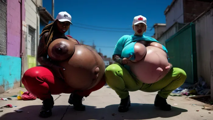 In the dark alley, a pregnant woman with big breasts and a voluptuous figure was squatting on the ground, feeding her baby from a bottle of milk she held in one hand while using the other to massage herself between the legs. Despite her