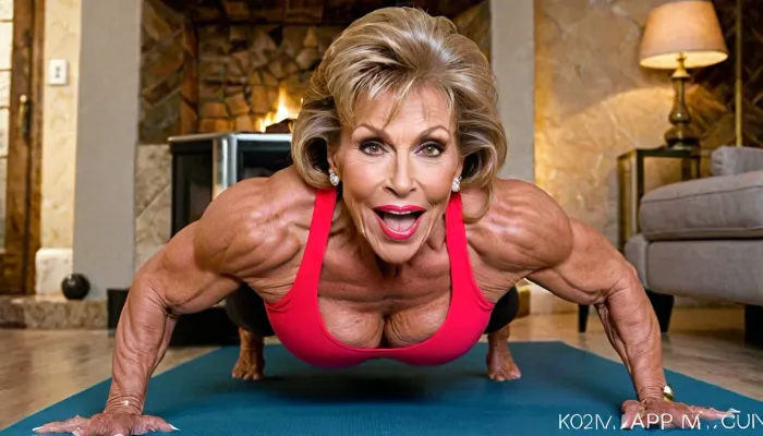 Monica Martin, a fitness model with a muscular body and defined muscles, is doing push-ups in her living room while smoking a cigarette. She has hard muscle body and defined muscles that make her look very strong. Her hair is styled in a neat