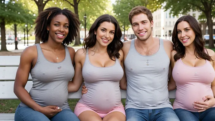 The couple sat on the park bench, holding hands and smiling at each other. The woman was visibly pregnant, her belly sticking out slightly. She wore a tight pink tank top that showed off her big pregnancy belly. Her nipples poked