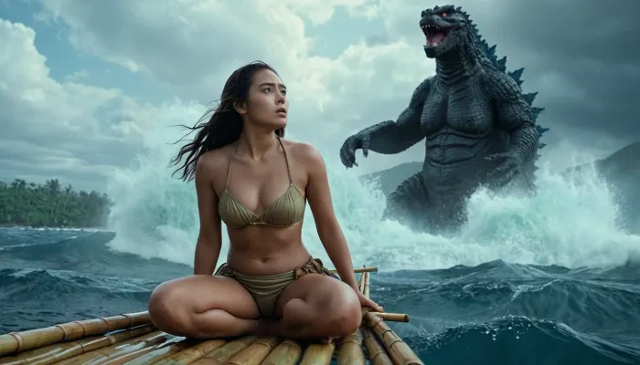 壮大な映画のシーンは、自然の力と美しさの息を呑むようなディスプレイでした。 海に広がる竹で美しいポリネシアの少女が、緑とヤシの木を囲む。 突然、大きな波が墜落した