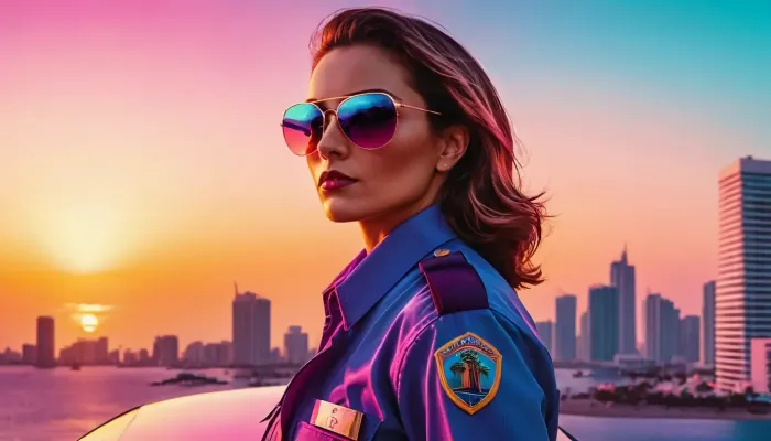 戴着太阳镜和最小化高反照率的美丽女警的数码艺术肖像是用Synthwave Sunset Color Palette制作的
