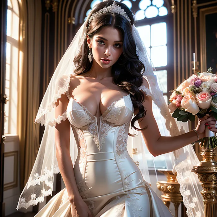 30歳から 長い波状のつまみ毛、可愛く側面のボブおよびcのコップのbreastsが付いている結婚の服のスペインの女性は大きい表現的な目、洗い流す表現および魅惑的な顔の特徴を持つと述べられました