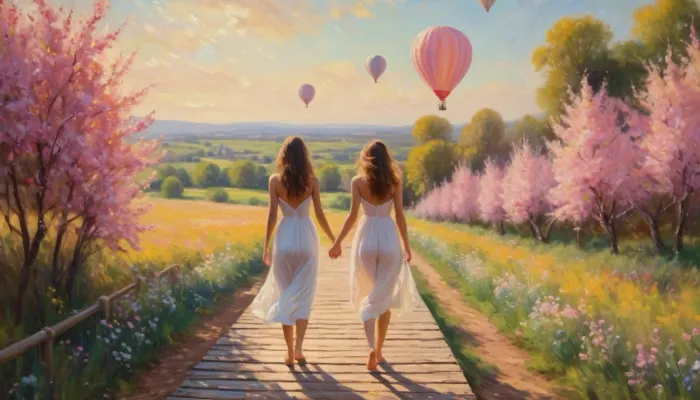 A young couple walks hand-in-hand on a beautiful, sunny day. The sun is shining and the sky is a deep blue. The women are wearing white dresses with pink flowers and their hair is flowing in the wind. They are walking hand