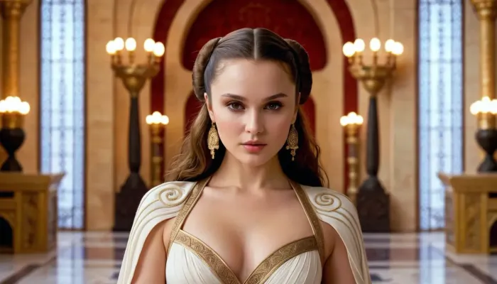 美しい 大人 Padme amidala stood で フロント の フル ボディ ミラー 賞賛 彼女の 長い 髪 と セクシー ドレス. 彼女は助けることができなかったが、彼女の人工知能について少し自己意識を感じることができなかったが、彼女は彼女が最も美しい女性であることを知った