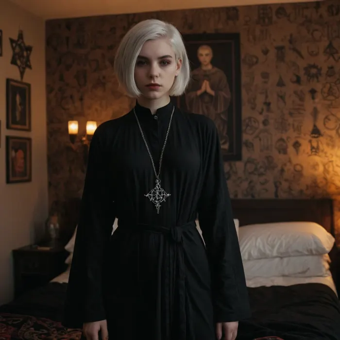 The girl stood in the bedroom, her pale skin glowing in the moonlight. She wore a black robe with nothing underneath, revealing her small body and short silver hair. Her tattoos on her chest were occult symbols that glowed in the dark