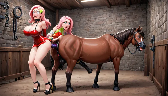 Fluttershy, um pônei tímido e tímido, foi capturado por um grupo de centaur-girls que a tinham usado como seu brinquedo sexual pessoal. Amarraram-na a uma parede e usaram-na como um brinquedo