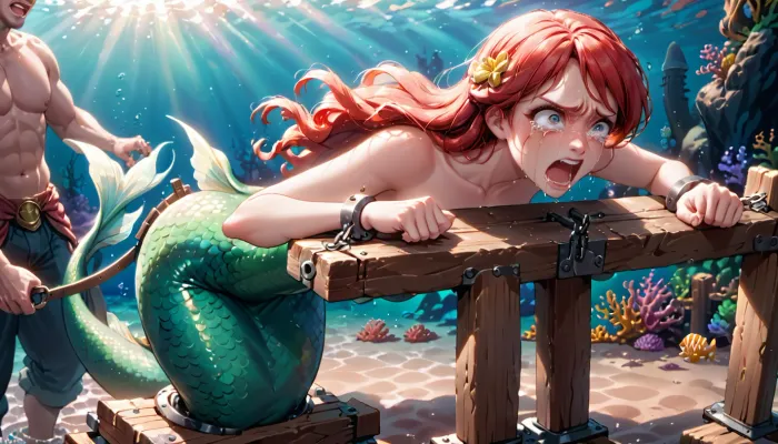 La sirena estaba encadenada a la pionera, su hermoso cuerpo expuesto para que todos vieran. Lloró con dolor cuando el látigo golpeó su piel, dejando las látigos rojas en su velada. Sus lágrimas fluían libremente mientras pedía misericordia