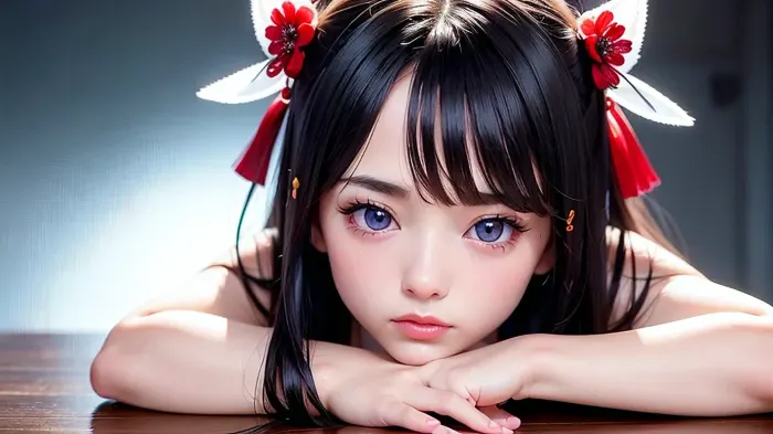 일본 신사의 AI-generated 사진은 18 세 남자의 무릎에 강아지 스타일과 최고 아래로 위치, 현실적인 머리와 비대칭 얼굴, 푸른 눈, 그리고 날카로운 치아