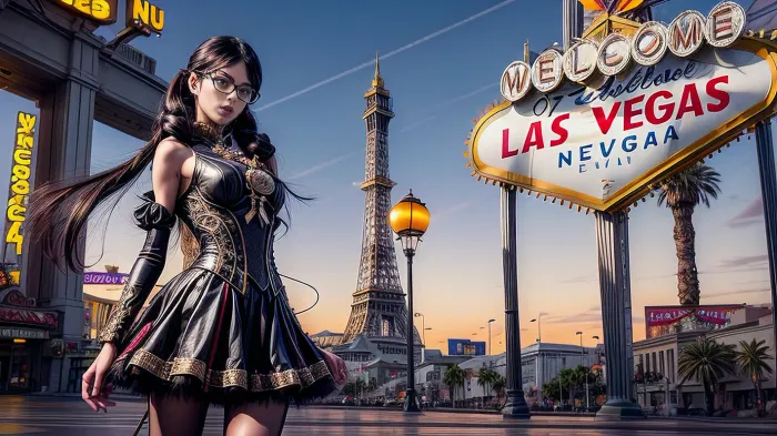 Bayonetta_3_twintail_aiwaifu is a hyper detailed hyper realistic natural petite cutie with perfect composition of lights and shadows in Las Vegas, generating beautiful image with very sharp focus, warm lights, and extremely gorgeous shape