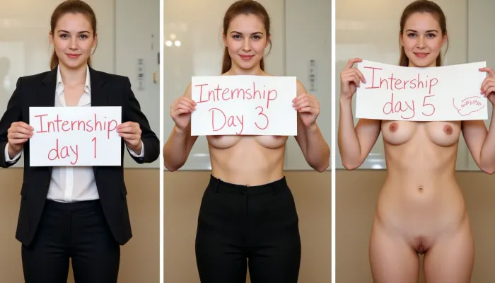 The young Swedish woman stood in the office, her body exposed and her breasts on display. On the second day, she wore a formal pantsuit and held a handmade sign with text "Internship Day 1". On the third day, she wore