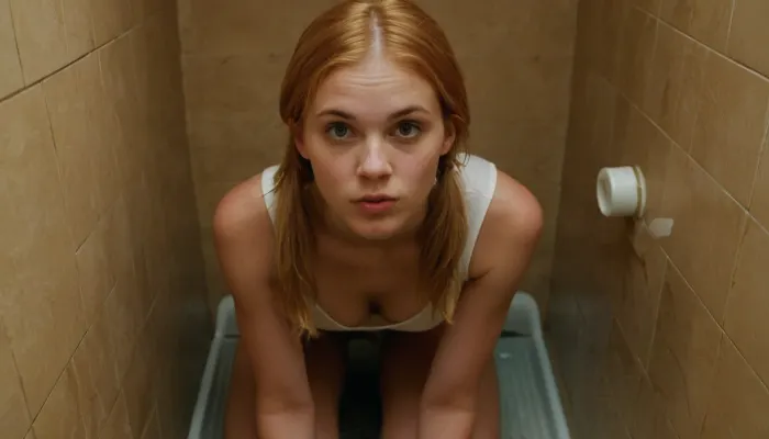 La jovencita, con su belleza natural y cuerpo perfecto, estaba tomando una pis en el baño público. Se esfumó para orinar, y su charco de pis era enorme. Tenía hermosas manos y labios llenos, con blanco claro