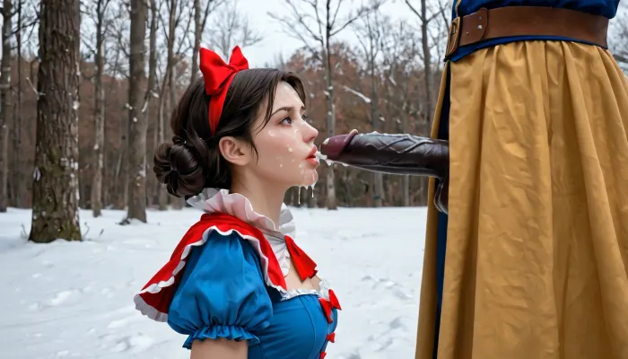 Side view, wide shoot, snow white kneeling before black man, big black cock, cum on face, extreme facial, detailed, dress, snow, white, red, bow, yellow, skirt, tight, blue, corset, fluffy, hair, r4chsn0, <lora:facialized:.5>, Snow, White, <lora:Snow White v3:.5>