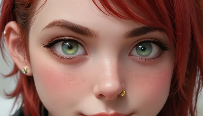 masterpiece, best quality, highly detailed, detailed background, (score_9:1.2), 1girl, rating_safe, (24 year old female twitch streamer:1.3), (sitting in gaming chair, leaning forward attentively:1.2), (professional gaming headset:1.1), , (Irish features:1.2), (porcelain pale skin:1.1), (natural scattered freckles across nose and cheeks:1.3), (close-up portrait focusing on expressive face:1.4), (striking pale green eyes with golden sunburst pattern:1.3), (captivating direct eye contact:1.2), (textured rose red bob haircut, choppy layers, side-swept bangs:1.3), (punk-inspired styling, tousled waves:1.2), (subtle makeup, natural-looking highlighter, defined brows:1.1), (fit athletic build:1.1), (wearing branded esports team tank top:1.2), (modern streetwear style:1.1), (playful smirk, confident teasing expression:1.3), (engaging streaming personality:1.2)