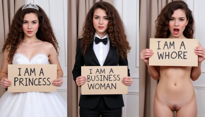 (side-by-side three pictures of a young French petite woman with curly brown hair, standing), ., (On the first picture on the left she wears a princess dress with a tiara, and holds a handmade sign with text "I AM A PRINCESS"), (On the second picture in the middle she wears an elegant suit, and holds a handmade sign with text "I AM A BUSINESS WOMAN"), (On the third picture on the right she seems very angry, she is naked, nude, and holds a handmade sign with text "I AM A WHORE")
