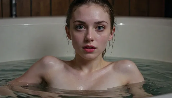 Un bagno notturno: una lente macro cattura un momento intenso di una donna snella nella vasca idromassaggio