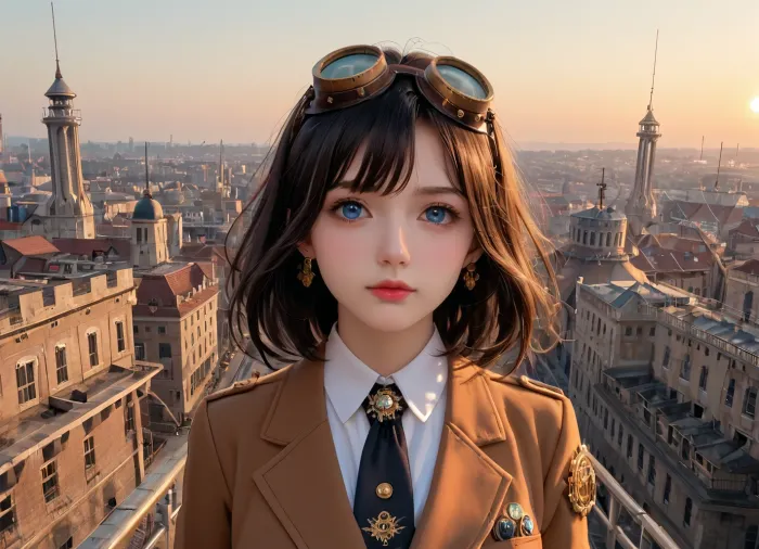 A steampunk scene of a 20-year-old girl dressed as a steampunk mechanic. She has dark hair and wears goggles. She is standing on a platform overlooking a steampunk city. The background contains a massive military airship with multiple smokestacks. The airship is hovering above the city. The city has a grid pattern and is filled with various steam-powered machines.