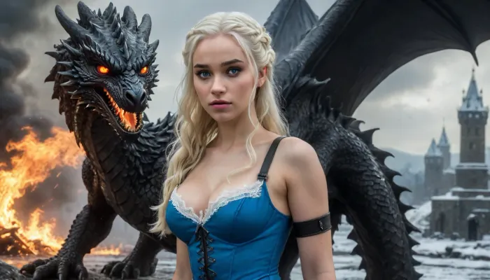 Beautiful Daenerys-Targaryen, she wears an extremely revealing games of thrones-inspired outfit, a tiny lace corset that barely covers her full, round breasts, (cup size E), and exposes a deep cleavage, and a short skirt with high side slits that exposes her hips and thighs. She also wears thigh-high stockings with garters and leather straps, giving her a seductive, daring look. She has a confident, intense expression, her piercing blue eyes are aimed directly at the viewer. next to her stands a large black dragon on games of thrones, the dragon is breathing fire, show whole body in the picture, snowy landscape, (Realism:1.8), destroyed medieval city, fire, smoke rising, cloudy sky, it is raining heavily, clothes are soaked, hair is soaked